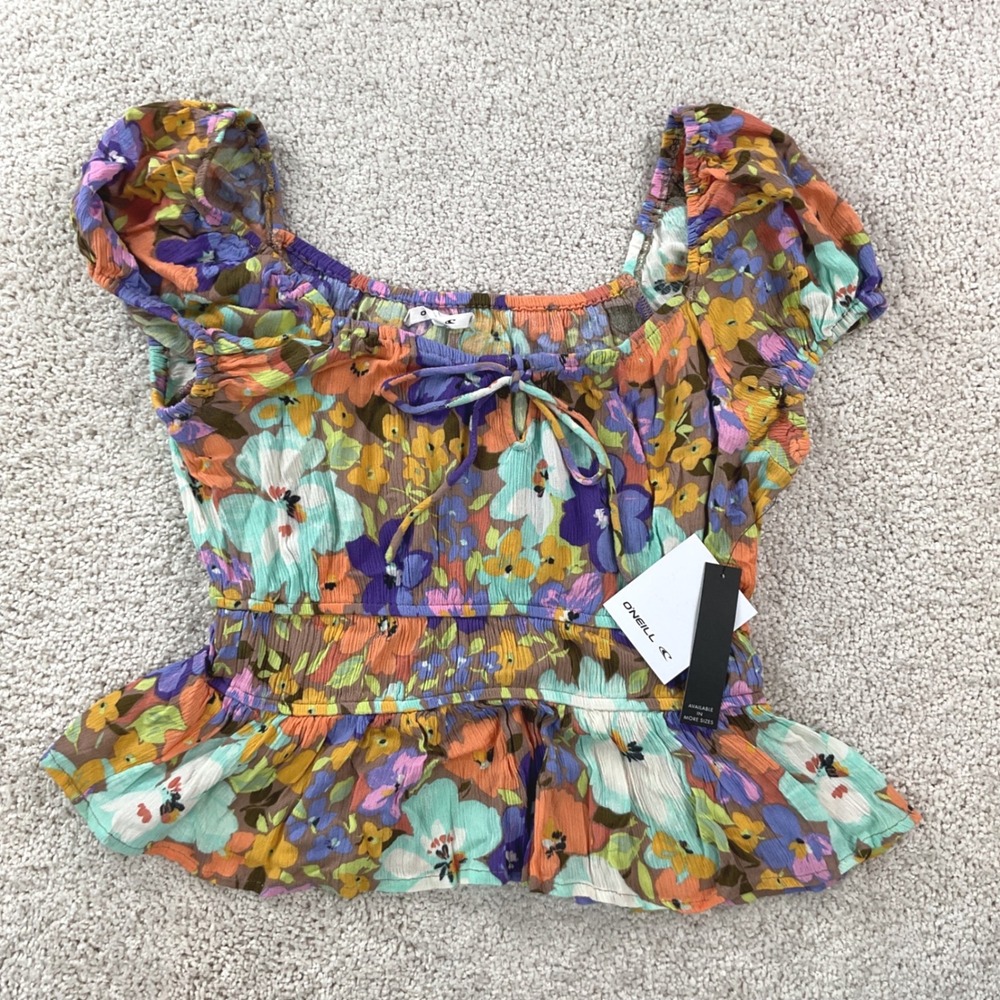 ONeill Raja Multi Floral Smocked Peplum Top Square Neck Puff Sleeve SMALL NWT
